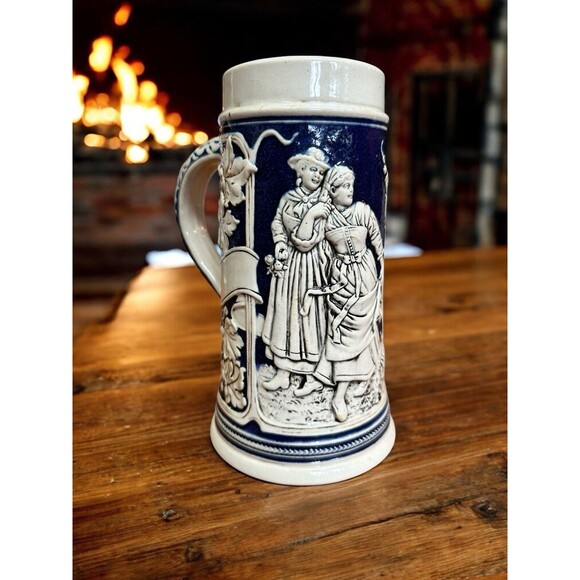 Marzi & Remy German Beer Stein 2025 Flirting Scene White And Cobalt Blue Ceramic - Picture 1 of 8